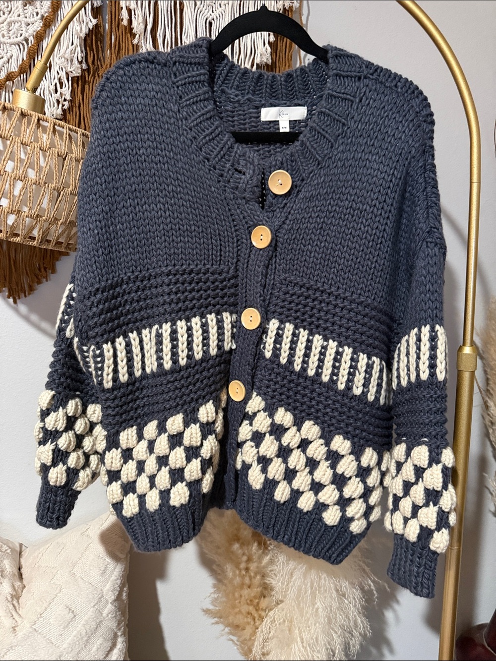 Chunky Navy and Cream Button-Front Women's Cardigan Sweater